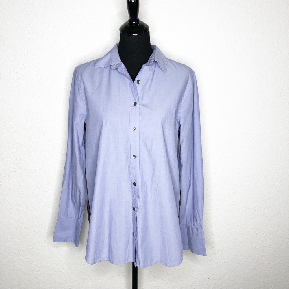J Crew blue gold sequin stripe side button down top size 12